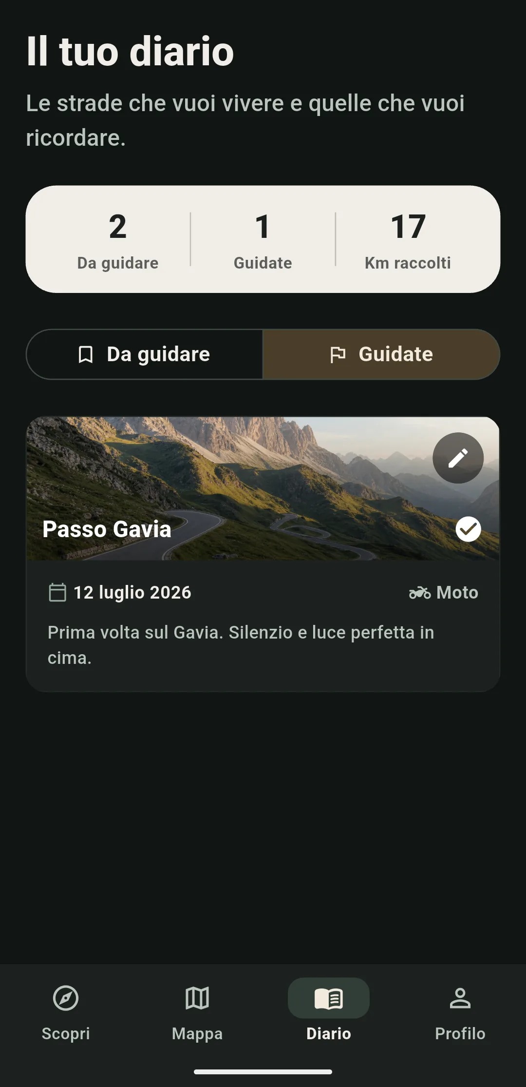 Schermata Roadly con il diario personale dei percorsi