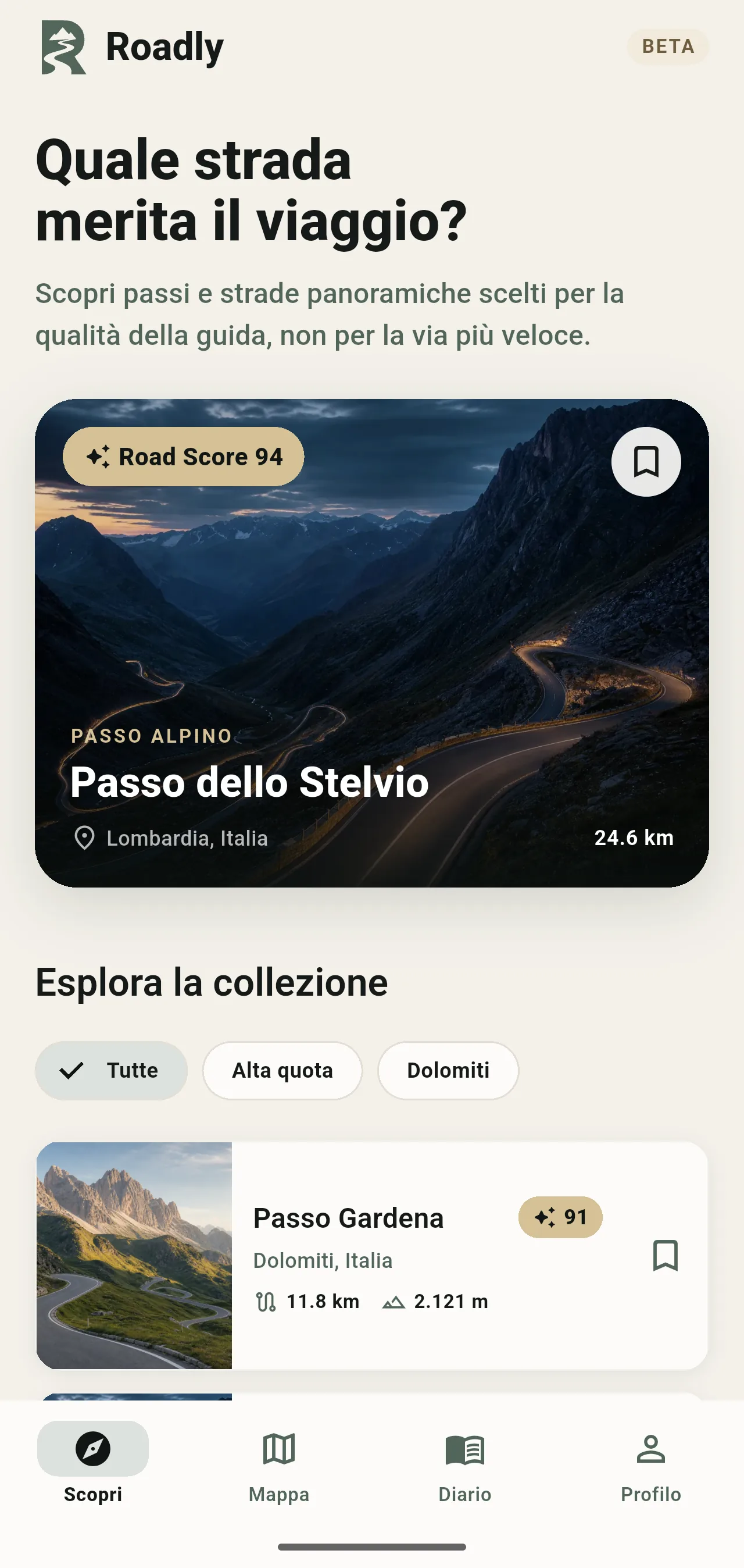 Schermata Roadly per scoprire e salvare strade panoramiche
